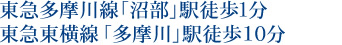 東急多摩川線「沼部」駅徒歩１分　東急東横線目黒線「多摩川」駅徒歩10分