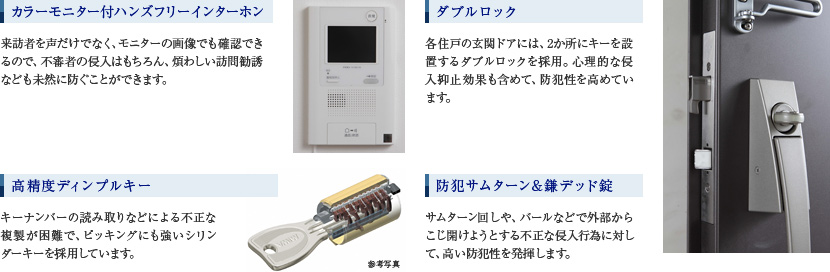 カラーモニター付ハンズフリーインターホン／高精度ディンプルキー／ダブルロック／防犯サムターン&鎌デッド錠