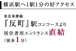 横浜駅へ1駅1分の好アクセス 東急東横線 『反町』駅コンコースより 居住者用エントランス直結（徒歩1分）